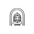 Railway tunnel with train hand drawn outline doodle icon. Royalty Free Stock Photo