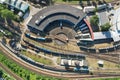 Railway turntable for locomotives aerial view train turntable,aerial panorama landscape view