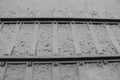 Railway under snow in winter. Travel and movement concept. Parallel lines background. Winter transportation.