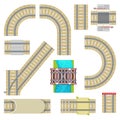 Railway vector railroad tracks top view curvy road straight rail or way with railway bridge tunnel and railing set