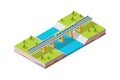 Railway viaduct. Urban train above river modern city infrastructure railroad vector isometric