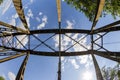 Railway viaduct in the UWA wide-angle lens on a sunny day. Summer Royalty Free Stock Photo