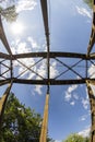 Railway viaduct in the UWA wide-angle lens on a sunny day. Summer Royalty Free Stock Photo