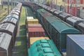 Railway wagons with cargo of metal and grain in port of Odessa.