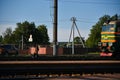 Railway worker checks the way in front of the train