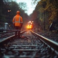 Railway worker in orange jacket and helmet standing on tracks as train approaches from behind Royalty Free Stock Photo