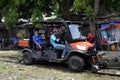 Railway workers riding on Flexiride Rail Gear made by Kubota on the railway track