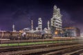 Railway yard and petrochemical plant at night, Port of Antwerp