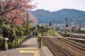 Railway at Yufuin train station with cherry blossom and mountain background.