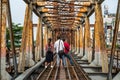 Railways on Long Bien ancient metal bridge with people taking photo on railways