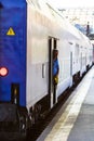 Railworker, train staff signaling for train conductor in Bucharest, Romania, 2022 Royalty Free Stock Photo