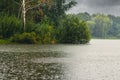 Rain in the autumn park near the lake. Rainy weather, it`s raining