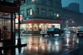 Rain in big city. Water splashes, spills on roadway. Generative AI