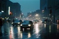 Rain in big city. Water splashes, spills on roadway. Generative AI