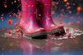 rain boots splashing in a puddle close-up