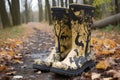 rain boots with a trail of muddy footprints