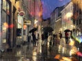 rain in the city evening rainy urban street people walk with umbreellas city bokeh blurred light wet pavement medieval houses i