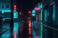 Rain in the city at night, neon colors. AI generative Royalty Free Stock Photo