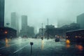 Rain in the city. Road, pavement, car in rain, close up. Generative AI
