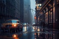 Rain in the city. Road, pavement, car in rain, close up. Generative AI