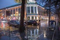 Rain on the city street through. Rainy days, Evening