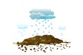 Rain of cloud falling on pile soil with grass. Arid earth, young plant and water drops. Royalty Free Stock Photo