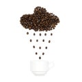 Rain cloud made of roasted coffee beans pouring over a white cup isolated on white background Royalty Free Stock Photo