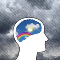 Rain and Clouds around, Rainbow and Sunny Weather inside human`s brain profile