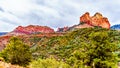 Rain clouds hanging over the red rocks of Schnebly Hill and other red rocks at the Oak Creek Canyon viewed from Midgely Bridge Royalty Free Stock Photo