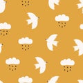 Rain clouds and white swallows hand drawn vector illustration. Adorable sky birds and raindrops spring seamless pattern. Royalty Free Stock Photo