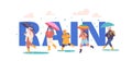 Rain Concept, Happy Kids Walk under Umbrella, Little Boys and Girls Characters Walking by Puddles at Rainy Weather Royalty Free Stock Photo