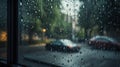 a rain covered window with cars parked on the side of the road in the rain and rain drops on the glass and the street in the