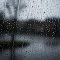 Rain-covered window with droplets creating rivulets. The background appears blurred, Royalty Free Stock Photo