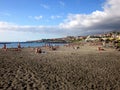 Before the rain - dark rain clouds approching to the beach at resort Playa de Las Americas.Tenerife  Spain Royalty Free Stock Photo