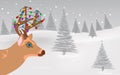 Vector of santas reindeer with Christmas lights or bulbs on horns standing in a snowy environment