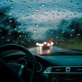 Rain drizzle on windshield in evening, driving in bad weather