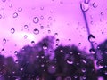 Rain drop on window car in purple light. Water Splash on glass. Rainy season, close up Royalty Free Stock Photo
