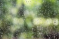 Rain drop on window glass with blur tree background. Royalty Free Stock Photo