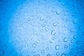 Rain droplets on blue glass background, Water drops on glass Royalty Free Stock Photo