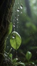 Rain Droplets Drops on Leaves and Trunks in The Forest