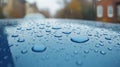 Rain Drops Beading on Blue Car Paint, Showing a Hydrophobic Surface and Water Resistance Royalty Free Stock Photo