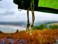 Rain drops from camping ten with mountain veiw Royalty Free Stock Photo