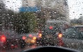 Rain drops on car windshield after water protection repellent coating Royalty Free Stock Photo