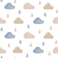 Rain, drops and clouds seamless pattern. Nude baby pattern, biege hand drawn print, textile pattern