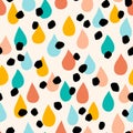 Rain drops, dots irregular seamless pattern. Cute raindrops, polka dot background in retro style, flat design