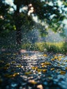 Rain drops falling on a puddle in the middle of a forest Royalty Free Stock Photo