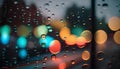 Rain drops on glass with blurred city lights background. Raindrops on window.