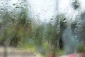 Rain drops on glass window. Raindrops falling from glass material. Abstract nature background. Copy space for text. Focus on Royalty Free Stock Photo