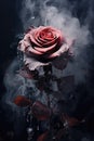 rain drops on a red rose. smoke, ashes, fire, flames, embers, powder, explosion, mist, fog, fantasy, surreal, abstract. Royalty Free Stock Photo