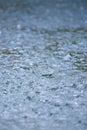 Rain drops rippling in a puddle with blue sky reflection Royalty Free Stock Photo